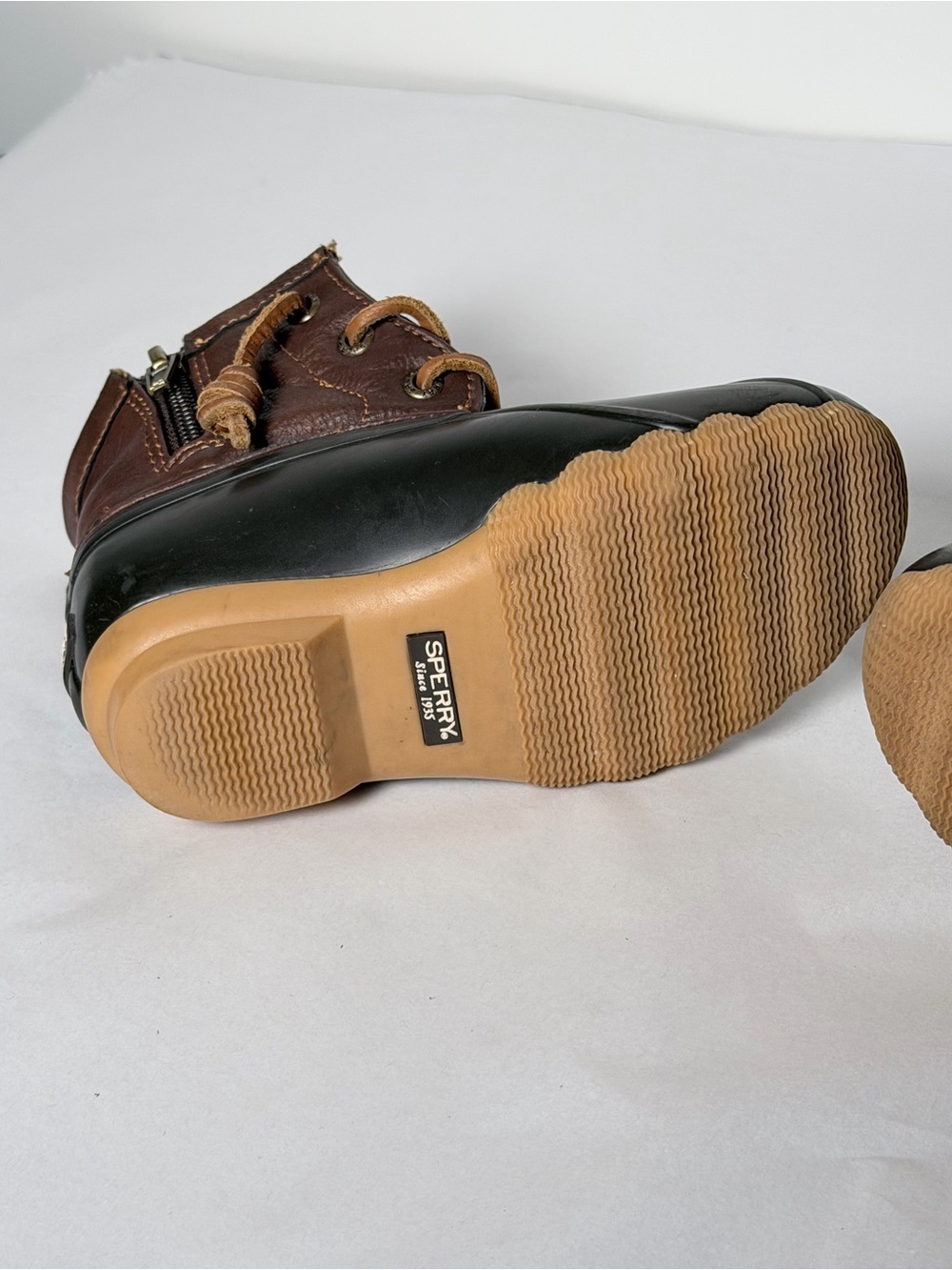Sperry Kids Brown Leather & Black Rubber Rain Boots with Tan Laces - Picture 10 of 13